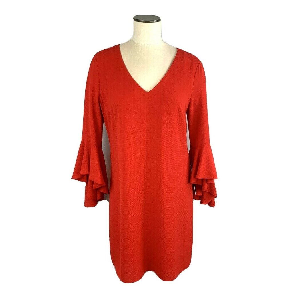 Nicole Miller NY Womens Bell Sleeve Sheath Dress Red V-Neck Stretch Size 10